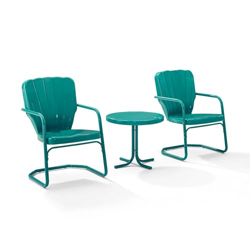 Crosley Furniture KO10012TU Ridgeland Retro Metal 3-Piece Seating Set with 2 Chairs and Side Table, Turquoise