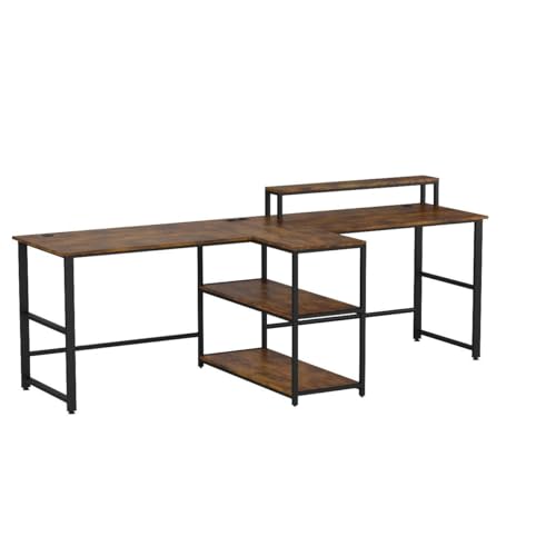 94.5" Home Office Desks, Computer Gaming Desk with Storage, LED Lights, Power Strip with USB, Keyboard Tray & Monitor Stand, Extra Long Double Desk for 2 Person, Rustic Brown