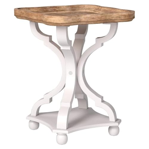Farmhouse Cottagecore End Table, Rustic Wood Tray Top Square Accent Table with White Curved Legs for Family Room, Living Room, or Small Spaces