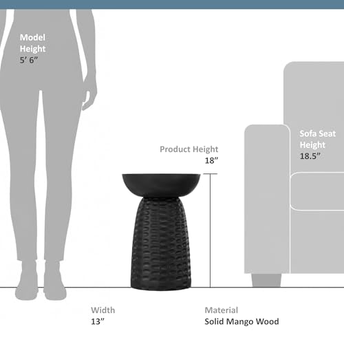 Boyd End Table - 13" Wide x 18" High Solid Mango Wood Round Accent Table in Black, Handcrafted Contemporary Nightstand or Lamp Stand for Living Room, Bedroom, or Office, Assembled