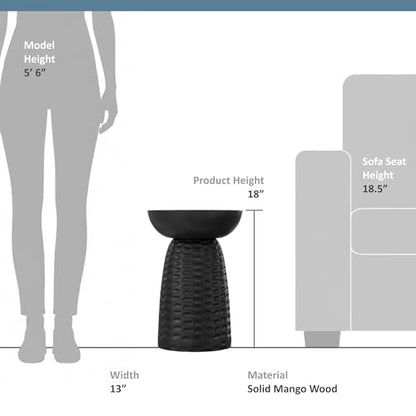 Boyd End Table - 13" Wide x 18" High Solid Mango Wood Round Accent Table in Black, Handcrafted Contemporary Nightstand or Lamp Stand for Living Room, Bedroom, or Office, Assembled