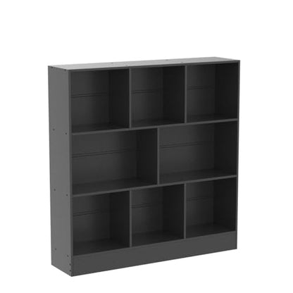 Black Wide Bookshelf,3 Tier Modern Horizontal Bookcase,Wood Low Bookshelves Display Storage Cabinet with Base,Floor Standing 8 Cube Large Bookcases Organizer for Bedroom,Living Room,Office