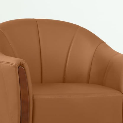 360° Swivel Accent Chair, Leather Swivel Barrel Chairs with Nailhead Trim & Wood Base, Round Armchair Club Chair, Modern Reading Chairs for Living Room (BX01, Wood Brown)