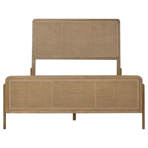 Upholstered Wood Eastern King Panel Bed, Sand Wash Natural Cane Finish, Solid Wood Rattan Construction, Mid-Century Modern Style, 56.25" H x 81.25" W x 91" D, Bedroom Furniture