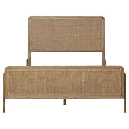 Upholstered Wood Eastern King Panel Bed, Sand Wash Natural Cane Finish, Solid Wood Rattan Construction, Mid-Century Modern Style, 56.25" H x 81.25" W x 91" D, Bedroom Furniture