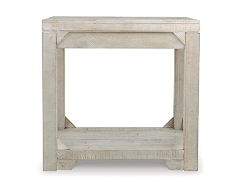 Signature Design by Ashley Fregine Farmhouse Rectangular End Table with Lower Open Shelf, Triangle Bracket Accents, Wood, 25.25" High, Weathered White