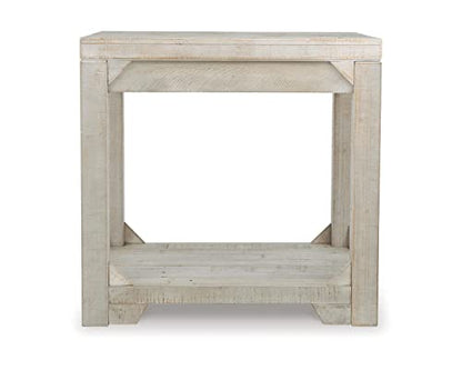 Signature Design by Ashley Fregine Farmhouse Rectangular End Table with Lower Open Shelf, Triangle Bracket Accents, Wood, 25.25" High, Weathered White