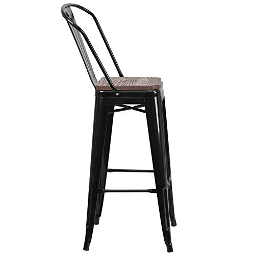 Lily 30" High Black Metal Barstool with Vertical Slat Back and Wood Seat
