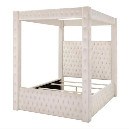 Velvet Canopy Bed Frame Queen - Upholstered Four Poster Bed Frame with Tufted Headboard and Footboard, Luxury Bed Frame with Wood Slats for Bedroom Furniture, Box Spring Required, Ivory
