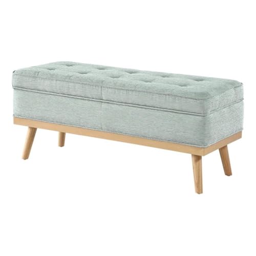 Mid-Century Modern Storage Bench, Mist Green Fabric, Wood Legs, Button-Tufted Design, Soft-Close Hinged Top, 43.5" L x 17" D x 18.5" H, Extra Seating and Hidden Storage for Entryway or