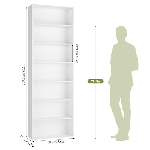 82" Tall Bookshelf, 7-Tier Open Shelves Bookcase, Freestanding Display Storage Shelves, Tall Bookcase Home Decor Furniture for Home Office, Living Room, Bedroom, White