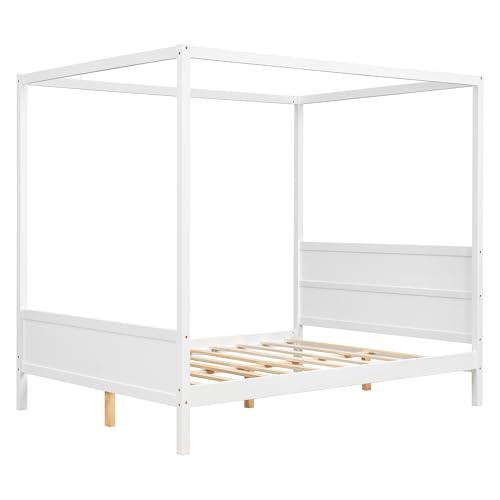 Queen Solid Wood Canopy Bed with Headboard and Footboard, White, view 8