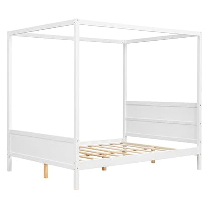 Queen Solid Wood Canopy Bed with Headboard and Footboard, White, view 8