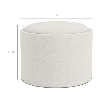 Round Storage Ottoman with Flip Top Tray, Upholstered Fabric Foot Stool, Small Coffee Table with Hidden Compartment, Accent Vanity Stool for Living Room, Cream White