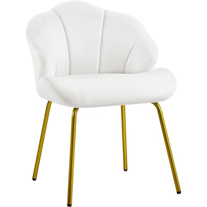 Yaheetech Vanity Chair, Velvet Accent Chair with Shell-Shaped Backrest, Modern Armchair with Gold Metal Legs for Dressing Room/Bedroom/Living Room, White