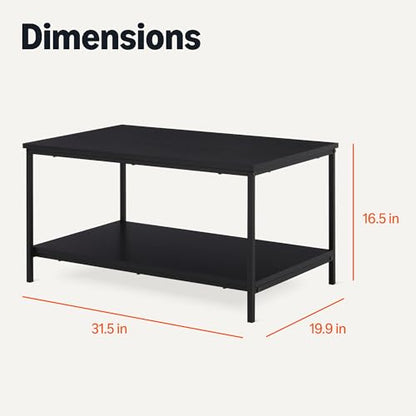 Rectangular Coffee Table with Bottom Shelf, Living Room Centre Table, Easy to Assemble, 19.9" D x 31.5" W x 16.5" H, Black Woodgrain