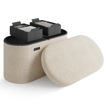 Storage Ottoman Bench, 30 Inch Storage Bench for Bedroom End of Bed, Foldable Large Ottoman Foot Rest, Entryway Benches, Boucle Oval Organizer Chest Max 660lbs, Beige