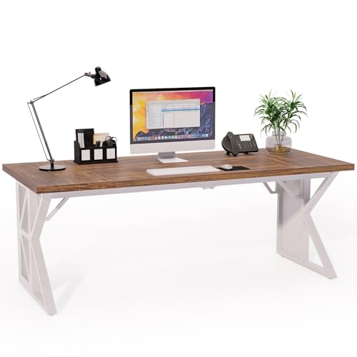 70.8" Executive Office Desk, Large Heavy-Duty Computer Desk for Home Office, Modern Writing Workstation with Rustic Brown Tabletop and White Metal Frame