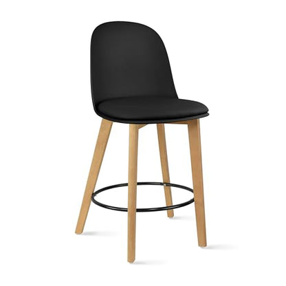 Set of 2 Counter Height Barstools | Mid Century Modern PU Leather Padded Seat | Solid Wood Legs with Round Metal Footrest | Kitchen Island Bar Chair | Non-Slip Feet, Black