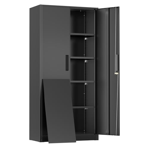 Metal Cabinet, 72" Black Locking Metal Storage Cabinet with 2 Doors and 4 Adjustable Shelves, Lockable Garage Storage Cabinets for Home Office, Garage, Kitchen, Living Room