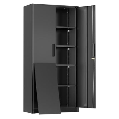 Metal Cabinet, 72" Black Locking Metal Storage Cabinet with 2 Doors and 4 Adjustable Shelves, Lockable Garage Storage Cabinets for Home Office, Garage, Kitchen, Living Room