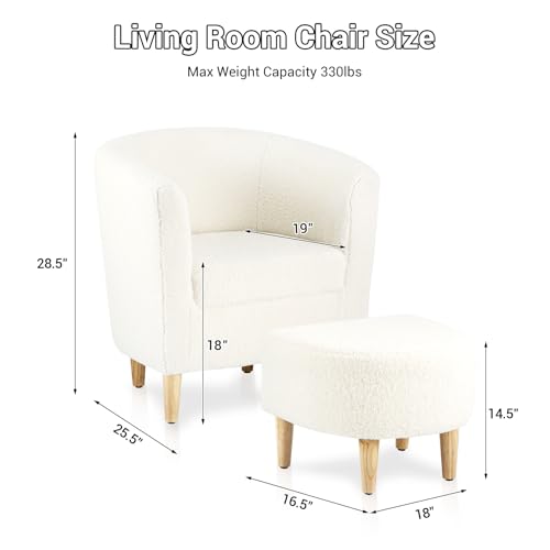 Sherpa Accent Chair with Ottoman, White Fluffy Teddy Barrel Armchair for Cozy Living Room, Small Comfy Chairs for Bedroom, Reading Corner
