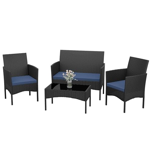 Patio Furniture Set 4 Pieces Outdoor Wicker Rattan Chairs Conversation Sets w/Coffee Table, Rocking Bistro Set, for Deck,Patio,Backyard,Lawn (Navy Blue)