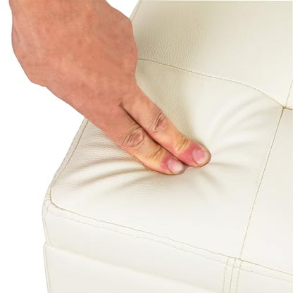 Faux Leather Storage Ottoman with Hinged Lid, 17.5 Inch High Cream White Square Cube Foot Stool with Storage, Upholstered Vanity Stool with Solid Wood Legs for Living Room, Bedroom, Dorm