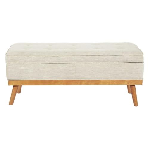 Mid-Century Storage Bench, 43.5"W x 17.5"D x 18.5"H, Linen Beige Fabric, Button-Tufted Design, Solid Wood Espresso Legs, Soft-Close Hinged Top, Hidden Storage for Bedroom or Entryway Use