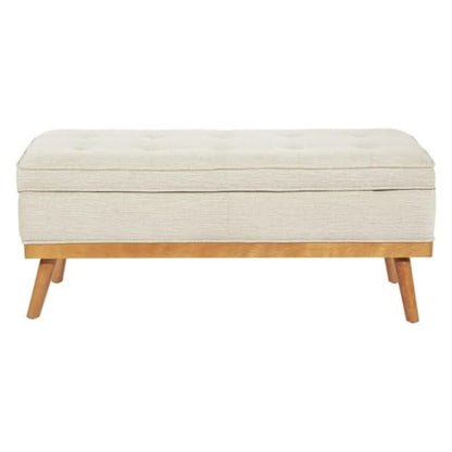 Mid-Century Storage Bench, 43.5"W x 17.5"D x 18.5"H, Linen Beige Fabric, Button-Tufted Design, Solid Wood Espresso Legs, Soft-Close Hinged Top, Hidden Storage for Bedroom or Entryway Use