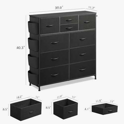 10 Drawer Black Fabric Dresser for Bedroom, Side Pocket & Hooks Chest, view 4