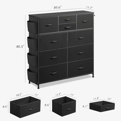 10 Drawer Black Fabric Dresser for Bedroom, Side Pocket & Hooks Chest, view 4