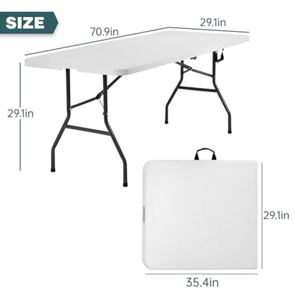 6 Foot Outdoor Dining Table, Foldable Portable Rectangular Plastic Folding Table with Built in Carrying Handle for Party and Wedding Use, White