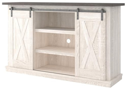 Signature Design by Ashley Dorrinson Farmhouse TV Stand Fits TVs up to 50" with Sliding Barn Doors and Storage Shelves, Whitewash & Gray