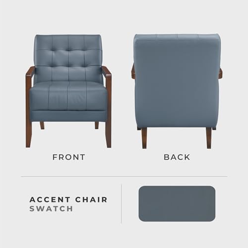 Modern Accent Chair, Luxury Genuine Leather Match Living Room Chair with Tufted Cushions, Solid Wood Frame and Arm Rest, Comfy Upholstered Single Seat for Bedroom/Reading/Office, Blue