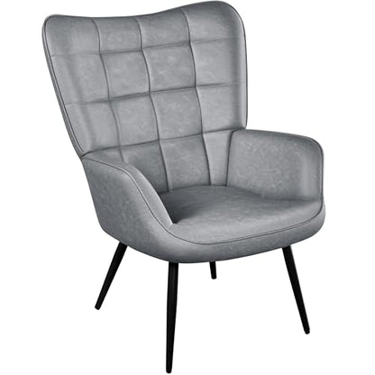 Yaheetech Accent Chairs, Large PU Leather High-Back Chair w/Metal Legs, Pottery Barn Style Living Room Chairs for Bedroom/Home Office, Gray
