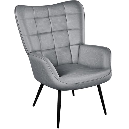 Yaheetech Accent Chairs, Large PU Leather High-Back Chair w/Metal Legs, Pottery Barn Style Living Room Chairs for Bedroom/Home Office, Gray