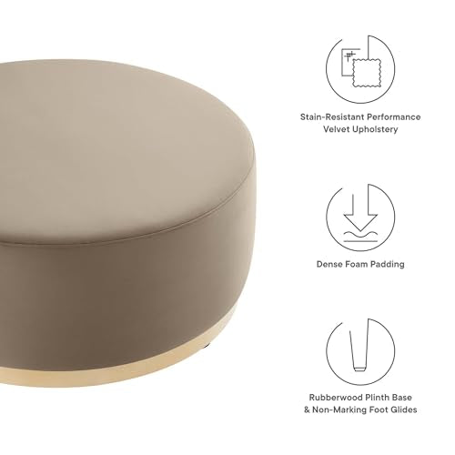 Tilden 38 Inch Round Performance Velvet Upholstered Ottoman in Taupe Natural - Round Ottoman Coffee Table for Living Room, Large Ottoman Foot Rest with Rubberwood Plinth Base