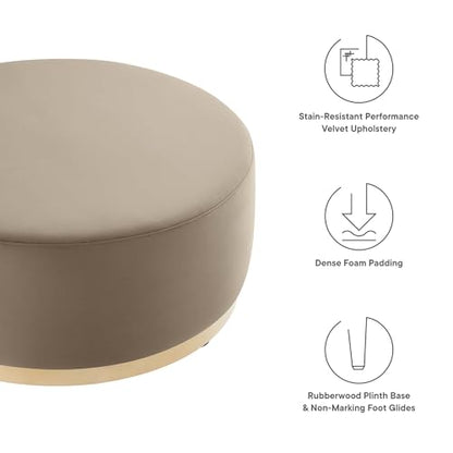 Tilden 38 Inch Round Performance Velvet Upholstered Ottoman in Taupe Natural - Round Ottoman Coffee Table for Living Room, Large Ottoman Foot Rest with Rubberwood Plinth Base