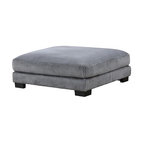 45 Inch Ottoman, Attached Seat Cushion in Gray Corduroy Fabric, Wood