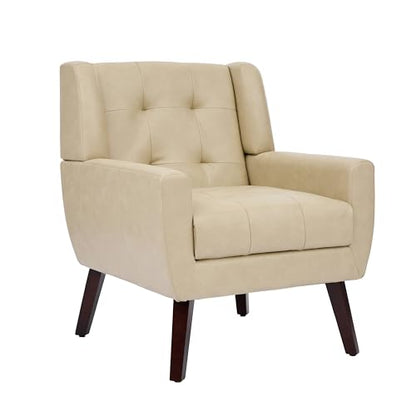 Faux Leather Accent Chair, Modern Upholstered Club Arm Chair for Living Room, Comfy Armchair Single Sofa Seat with Solid Wooden Legs (Cream)