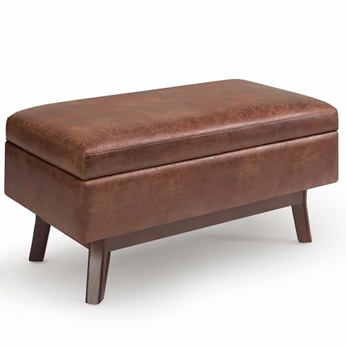 Owen Small Rectangular Storage Ottoman - 36 inch Wide Upholstered Vegan Leather Lift-Top Ottoman in Distressed Saddle Brown, Mid-Century Modern Ottoman for Living Room with Tufted Detail
