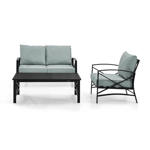 Crosley Furniture KO60014BZ-MI Kaplan Outdoor Metal 3-Piece Seating Set (Loveseat, Arm Chair, Coffee Table), Oiled Bronze with Mist Cushions