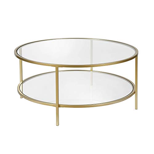 36" Wide Round Coffee Table with Glass Top in Brass, Round Coffee Table for living room, studio apartment essentials