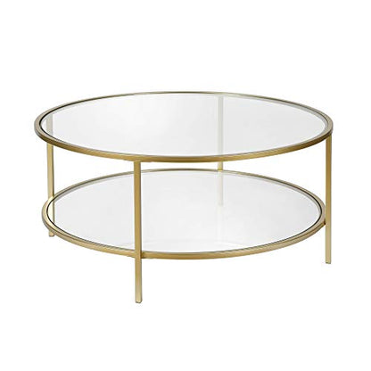 36" Wide Round Coffee Table with Glass Top in Brass, Round Coffee Table for living room, studio apartment essentials