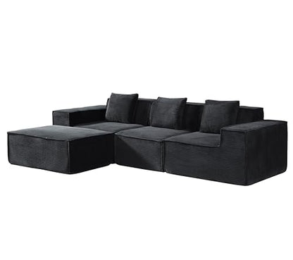 Rowan Convertible Corduroy Sectional Couch with Ottoman & Pillows, Modular L Shaped Sleeper Sofa, Boneless Cloud Couch for Living Room Furniture, Black