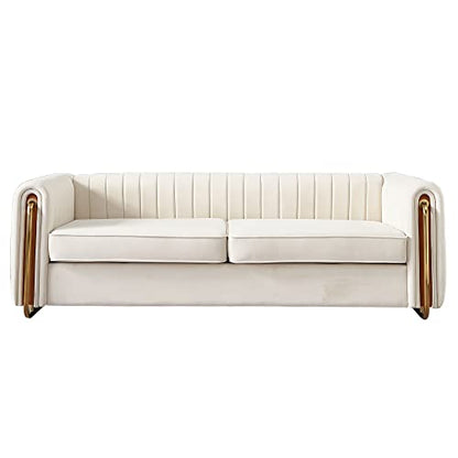 Chesterfield Velvet Sofa Upholstered Couch with Removable Cushions and Gold Metal Legs, for Living Room Office Apartment (Beige)