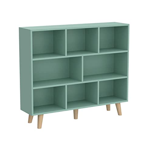 IOTXY Wooden Open Shelf Bookcase - 3-Tier Bookshelf with Leg, Tiffany-Green | Nordic Minimalist Style, MDF Material, Raised Solid Wood Legs, 8 Storage Cubes Display, Floor-Standing Cabinet Organizer