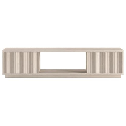 Fluted TV Stand for TVs up to 78" with 2 Ribbed Side Storage Cabinets and Open Center Storage for Living Room, Family Room, or Office, Beech White