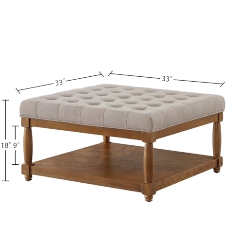 Upholstered Square Coffee Table with Wooden Shelf, Tufted Button Large Square Ottoman with Spindle Wooden Legs, Linen Large Footrest Ottoman Pouf for Living Room, Linen